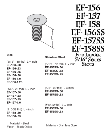 Flat Head Socket Cap Screws EF-156, EF-157, EF-158, EF-156SS, EF-157SS, EF-158SS